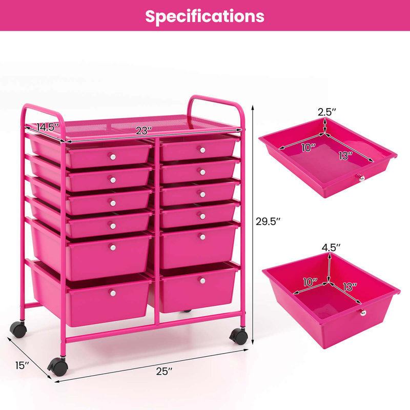  Bureau avec chariot à roulettes et 12 tiroirs de rangement, Rose
