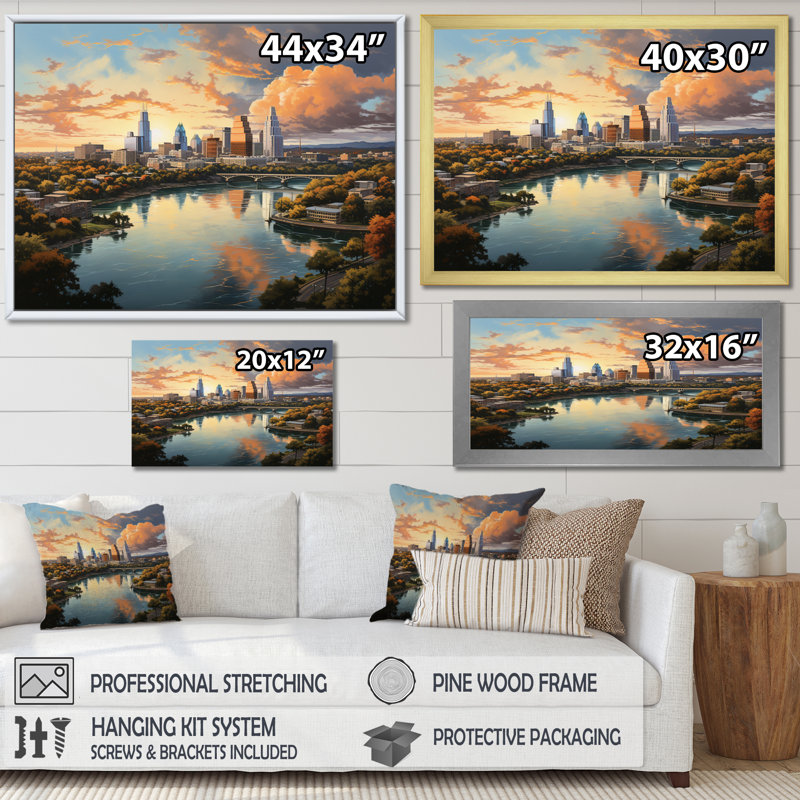 «Austin Dynamic Cityscape IV - Austin», art mural encadré, H 34 po x l 44 po x P 1,5 po, Cadre flottant noir