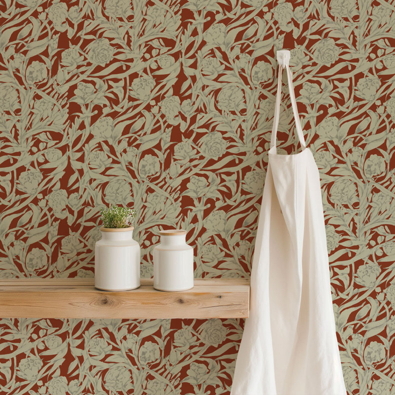 Wandervine - Botanical Wallpaper, Crimson, Paper, Non-Pasted