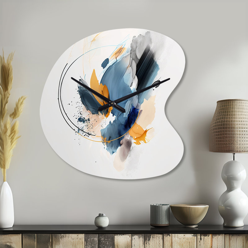 Abstrait, formes modernes, œuvre d'art II - horloges asymétriques abstraites en métal, horloge murale de forme irrégulière bleue