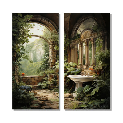 Bathroom Natures Retreat - Bathroom Canvas Print Wall Art, Green Humor Wall Decor Set of 2