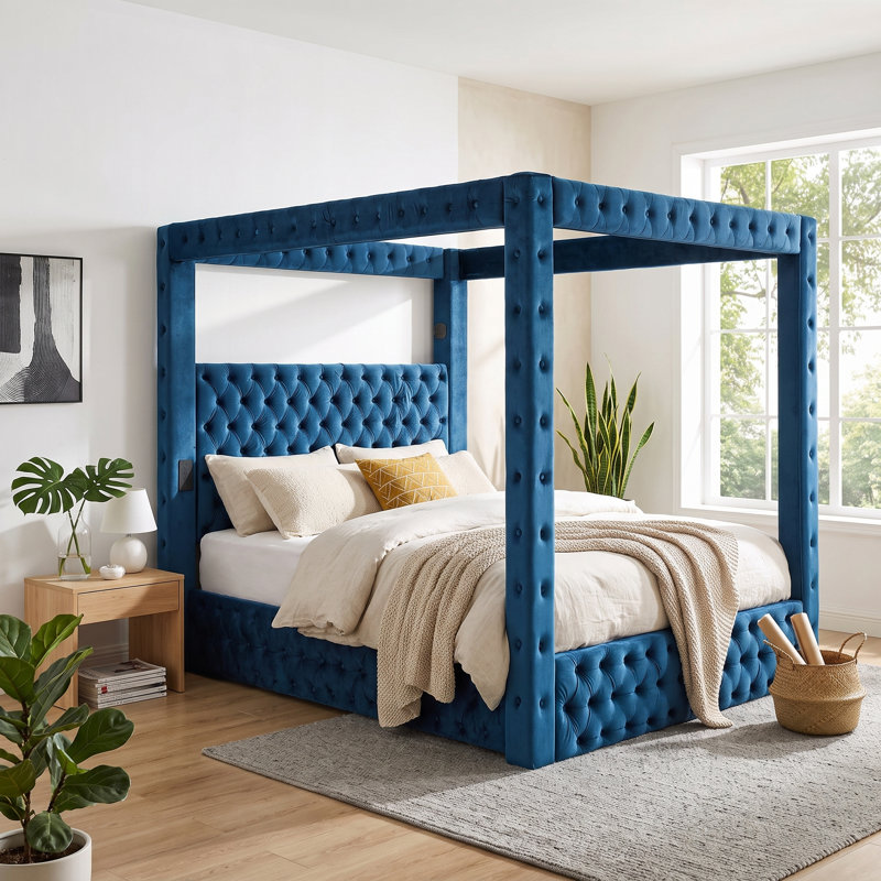 Structure de lit à baldaquin en velours pour très grand lit Cocoon, lit plateforme tapissier avec tête de lit capitonnée, haut-parleur Bluetooth intégré, ports USB-A et USB-C, support robuste 1300LBS