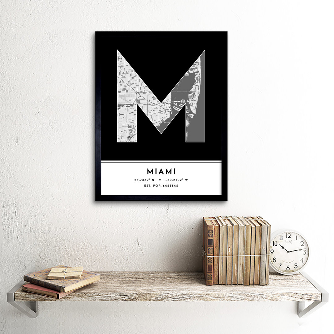 Miami City Map Miami Florida United States City Map Black And White - Single Picture Frame Typography