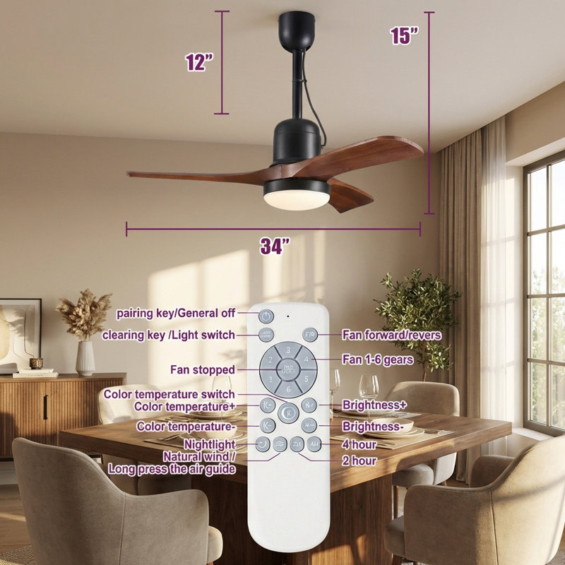 34" Solid Wood Outdoor Ceiling Fan with Remote, Damp Rated Patio Gazebo Fan with 16ft Plug-in Cord & Hardwire Option, Dimmable Light with Memory Function