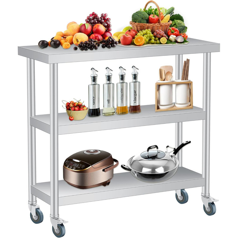 Stainless Steel Table, 14 x 24 Inch, 3-Tier Metal Prep Table with 2 Lockable Wheels, Undershelf, Commercial Kitchen Utility Workstation for Restaurant, Hotel, Laundry, Garage, Indoor, Outdoor, BBQ