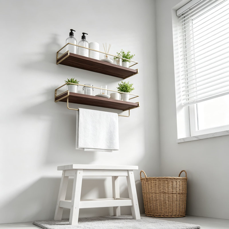 Étagères de salle de bain flottantes murales, tablettes pour accessoires de salle de bain, organisateur de salle de bain moderne avec barre à serviettes pour le rangement de la décoration murale dans de petits espaces, ensemble de deux