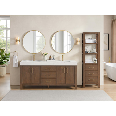 Meuble-lavabo double Frederica de 183 cm (72 po) en épicéa brun vieilli avec comptoir en pierre composite et miroir