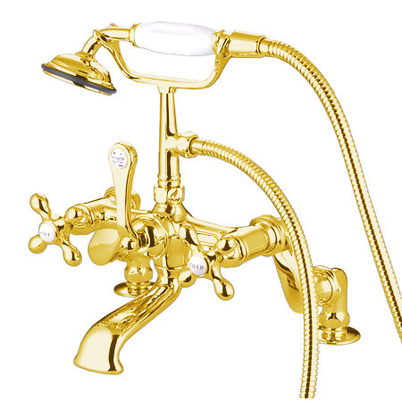 Hot Springs Triple Handle Deck Mounted Clawfoot Tub Faucet with Handshower, Polished Brass