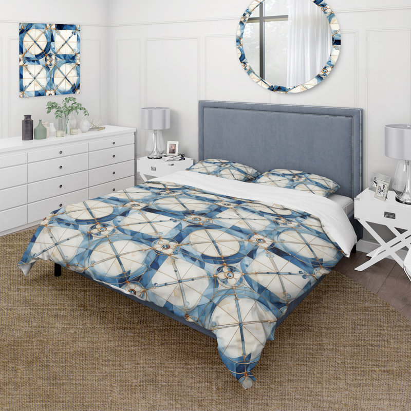 Vintage Cobalt Quadrants Geometric - Ensemble de housse de couette en damas