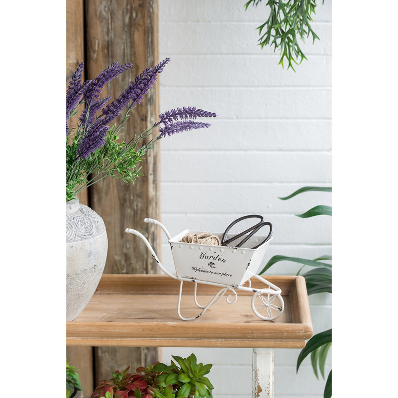 7 - Inch Tall White Distressed Wheelbarrow Planter, Can Hold String And Small Tools On Shelving Be Used As Stand Alone Piece Countertop