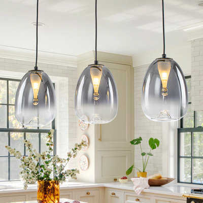 Modern Linear 3-Light Kitchen Island Pendant With Gradient Smoke Grey Glass Shades, Adjustable Height 12.7"-96.3", Matte Black Finish, UL/ETL Listed
