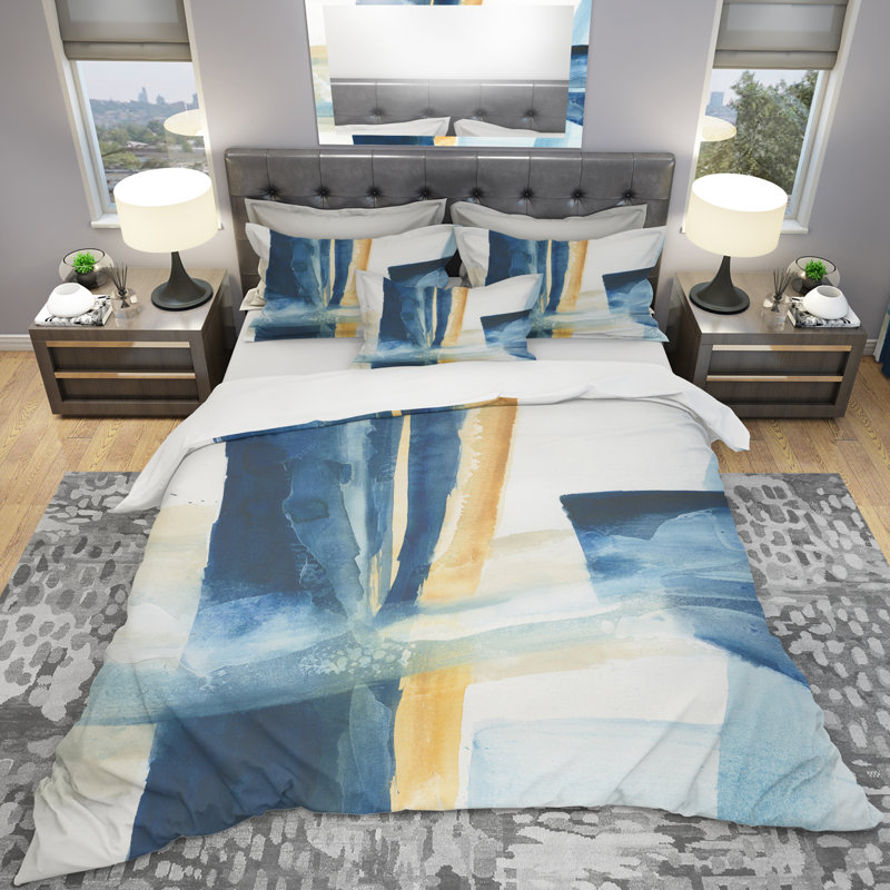 Indigo Panel IV - Glam Modern Duvet Cover Set - Microfiber Polyester, King Duvet Cover + 2 Shams