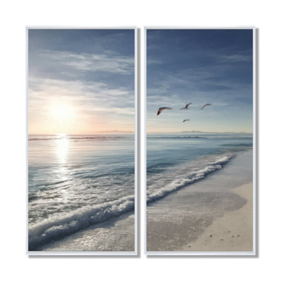 «White and Blue Coastal Oceans Pulse Paradise», impressions sur toile de plage, art mural bord de mer blanc 2 pièces
