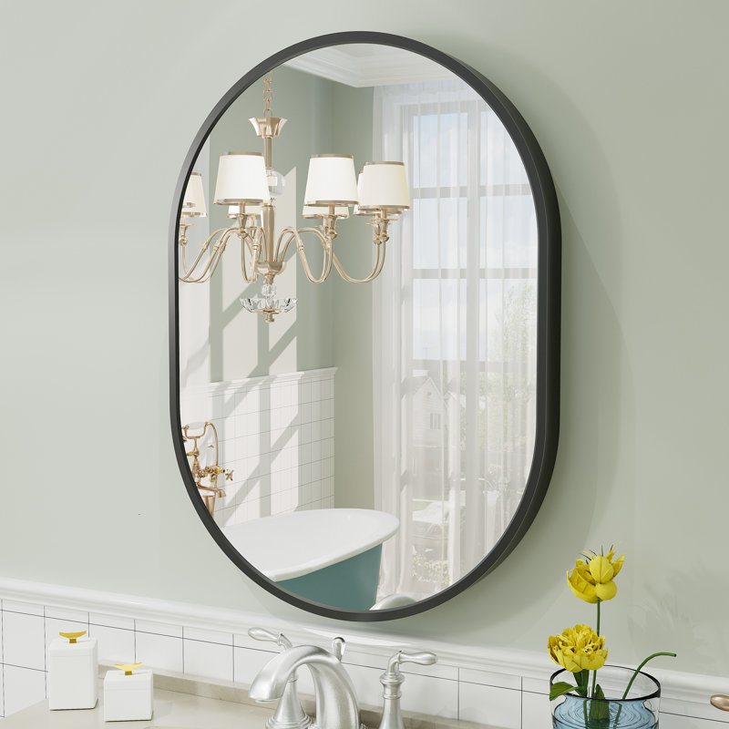 Amara Oval Tempered Glass and Aluminum Alloy Framed French Cleat Mounted Wall Mirror, 28" x 20", Matte Black