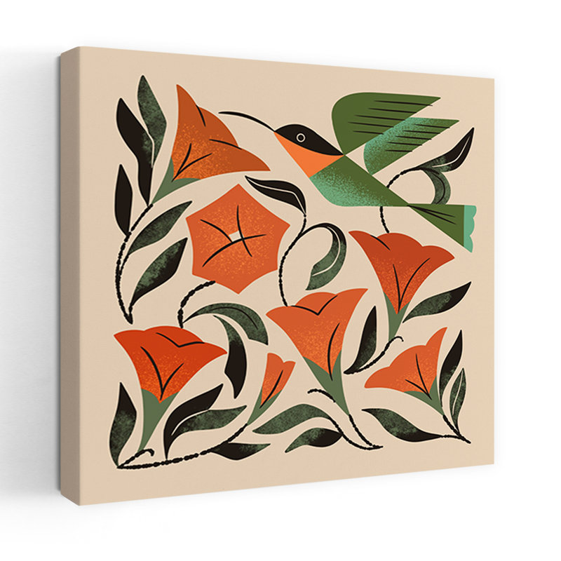 Art contemporain avec colibri et fleurs de trompette, H 48 po x l 48 po