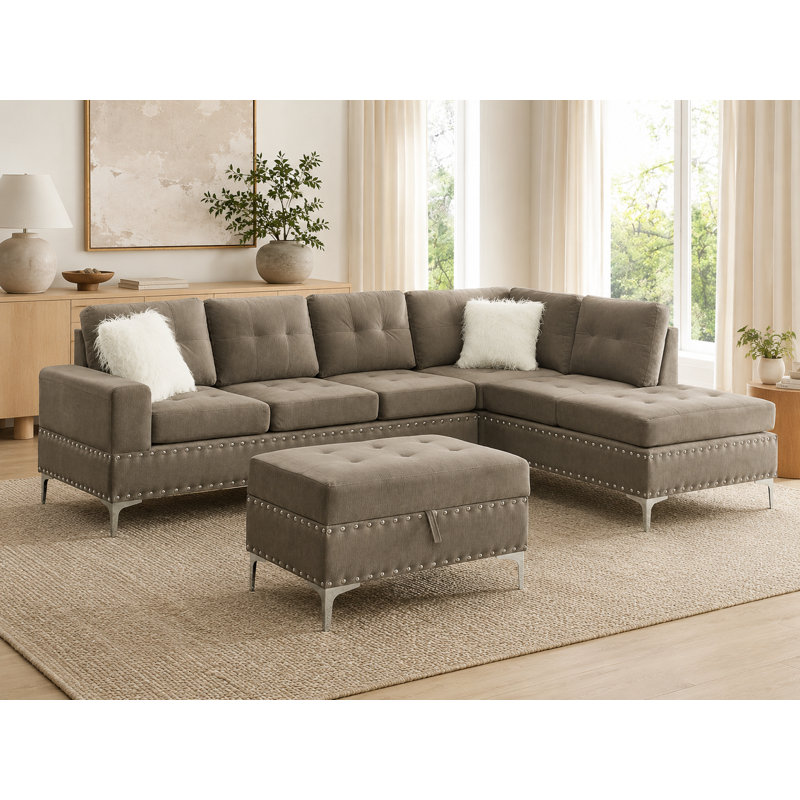 Canapé modulaire réversible en L avec méridienne convertible, repose-pieds de rangement, console rabattable avec 2 porte-gobelets, pieds en métal et 2 coussins