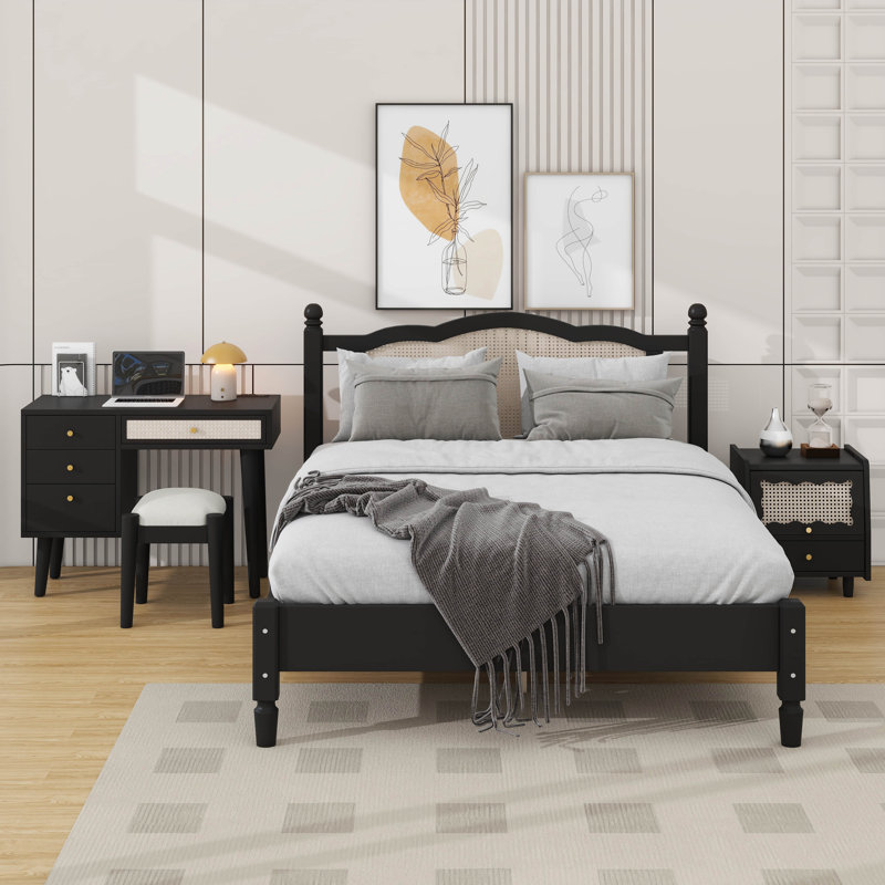 Ensemble de chambre à coucher 3 pièces avec cadre de lit en bois pleine grandeur, 1 table de chevet rétro et 1 coiffeuse de maquillage avec tabouret