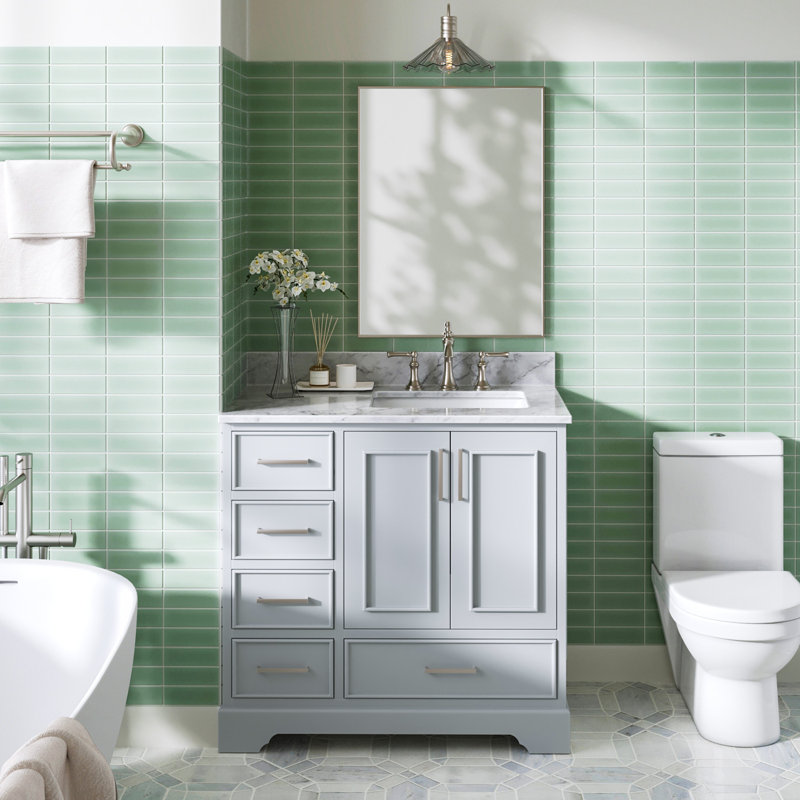 37'' Single Bathroom Vanity with Carrara Marble Top, Gray