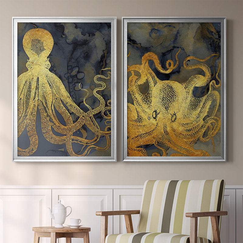Octopus Ink Gold & Blue I - ensemble de 2 reproductions d'art sur toile encadrées, H 42,5 po x l 61 po x P 1,25 po, Argent