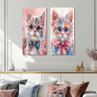 Pink Blue Intellectual Cat Portrait With Glasses I - Cat Wall Art 2 Pieces Set