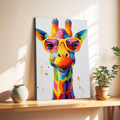 Cool Giraffe With Sunglasses Vibrant Impasto Canvas Wall Art, Large Gallery Wrapped Canvas Wall Art Print For Living Room Bedroom