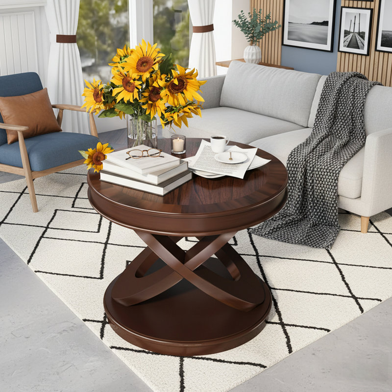 Retro Round Wooden End Table With X-Shape Base, Perfect For Family Dining Or Living Room, Walnut