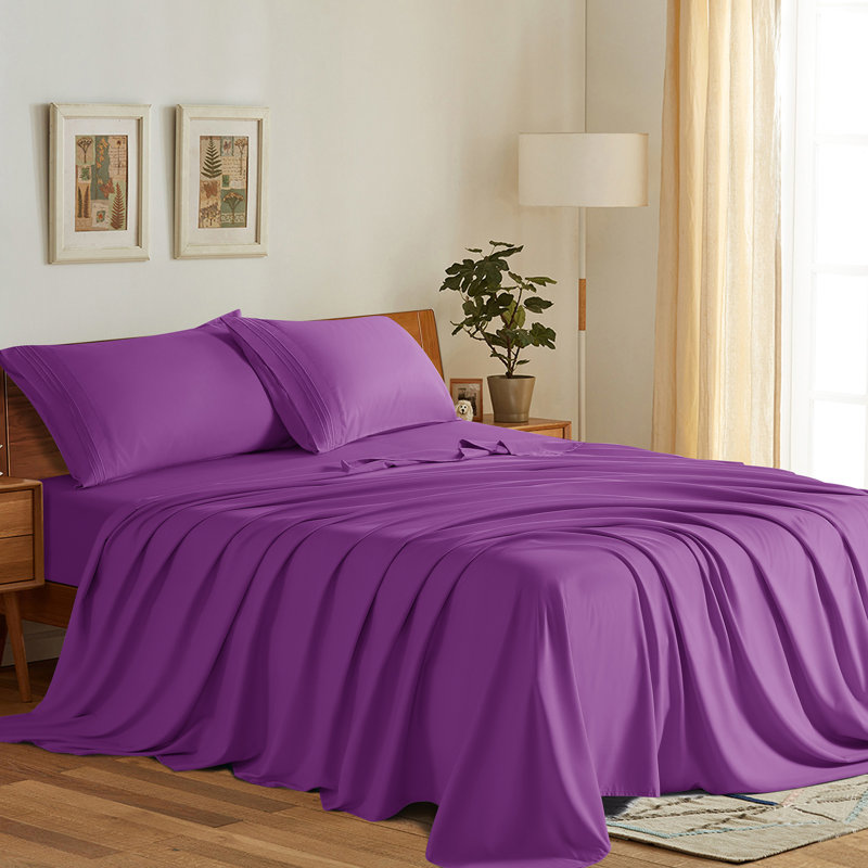 Microfiber Sheet Sets 4 Pieces, Purple, CalKing SheetSet 1FittedSheet & 2KingPillowcase