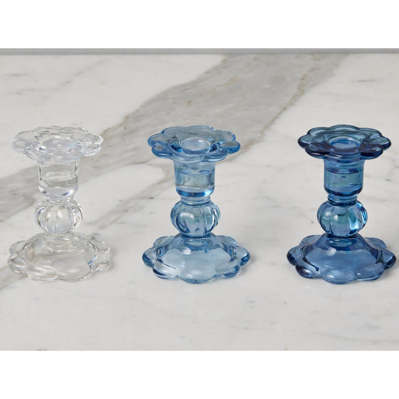 Glass Scalloped Candlesticks, Clear/Denim/Navy