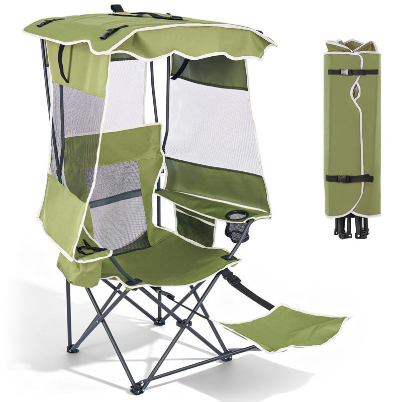 Single Reclining Shade Chair With Footrest, Foldable Outdoor Lounge Chair With Canopy, Cup Holder & Cooler Bag, Green
