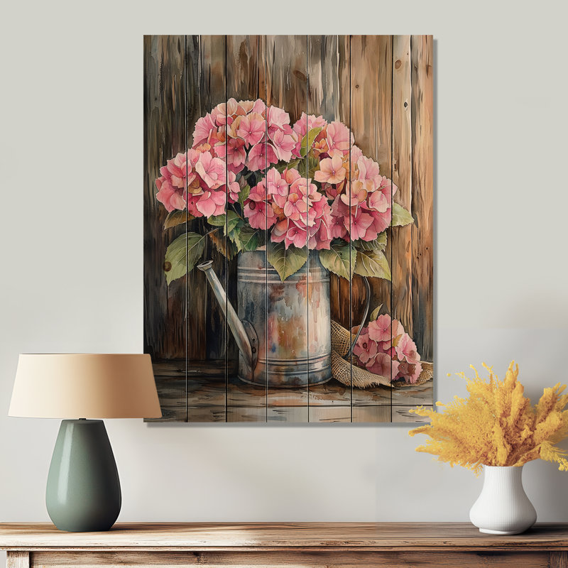 Bouquet d'hortensias rustiques à la grange III - impression d'hortensias sur bois de pin naturel