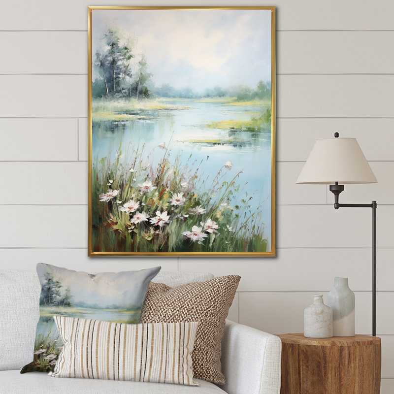 «Meadow Tranquil Waters III», art mural sur toile à motif floral, H 32 po x l 24 po x P 1 po, Cadre flottant doré