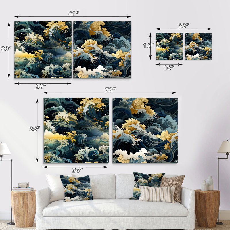Motif de vagues japonaises Hokusai - ensemble d'art mural en verre acrylique côtier de 2, H 16 po x l 33 po