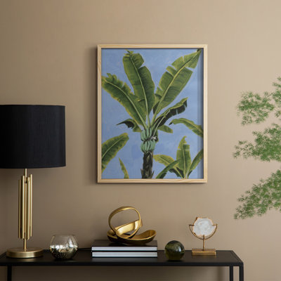 «Banana Leaves on Blue I», reproduction encadrée - bois massif