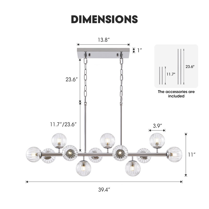 Faustena 12 - Light Dimmable Bubble Glass Sputnik Modern Linear Chandelier, Brushed Nickel