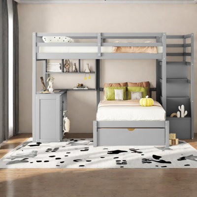 Lit superposé multifonctionnel en bois massif avec rangement et bureau, gris