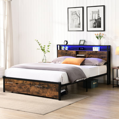 King Size Metal Bed With Wooden Headboard And , Charging Feature Included, 2 Drawer Storage, Led Lights, No Box Spring, Effortless Assembly Done Station, Spacious Drawers, Assembly, 600 Lbs Capacity