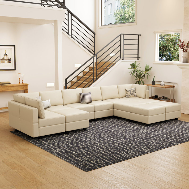 Ancram Oversized 12-Saets U Shaped Sofa Faux Leather Memory Foam Couch Storage Modular Sofa for Livingroom, Beige