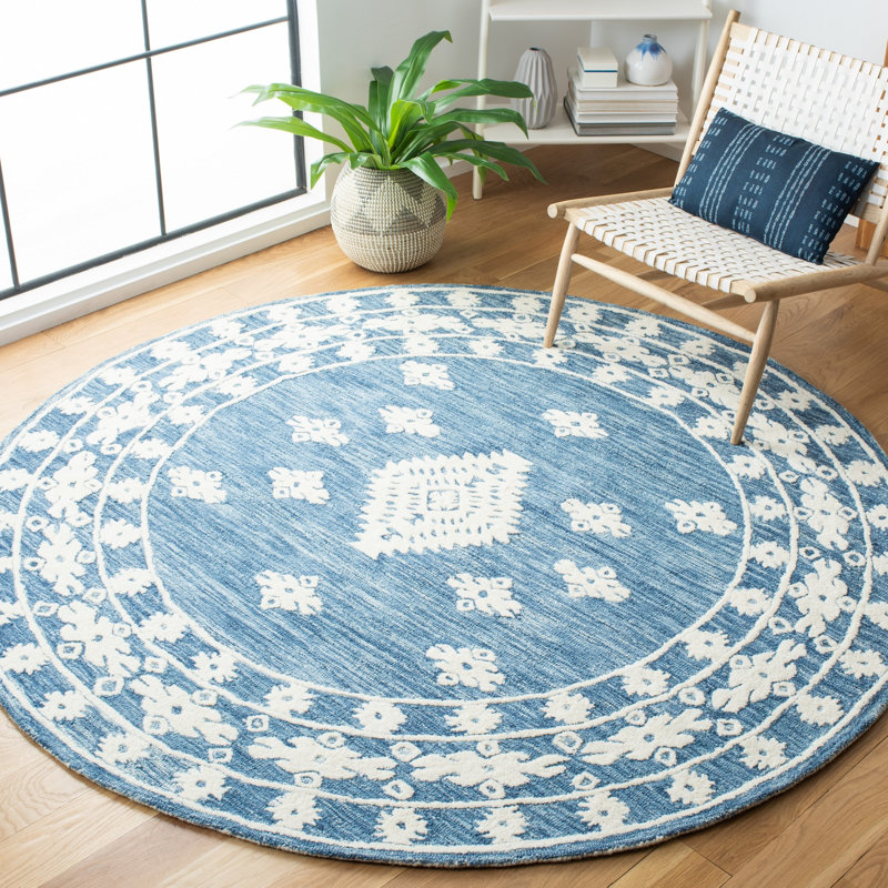Hand Tufted Wool/Cotton Southwestern Rug in Blue, Round 7'