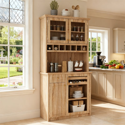 Buffet autoportant de 35,4 po x 17,7 po x 74,8 po avec huche, grand garde-manger avec support à vin et tablettes réglables pour la salle à manger