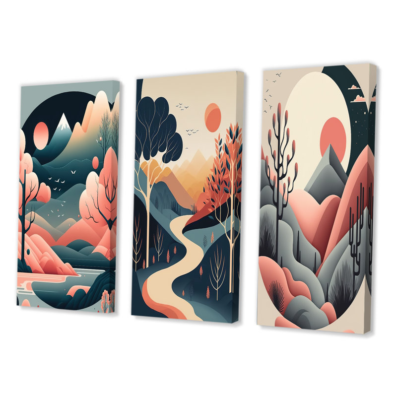 «Full Red Moon Over The Mountains», 3 pièces sur toile, Toile tendue, H 32 po x l 48 po