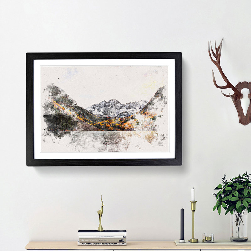 Maroon Bells Mountains in Colorado Watercolour - Picture Frame Graphic Art Print, 33cm H x 45cm W x 2cm D, Black Framed
