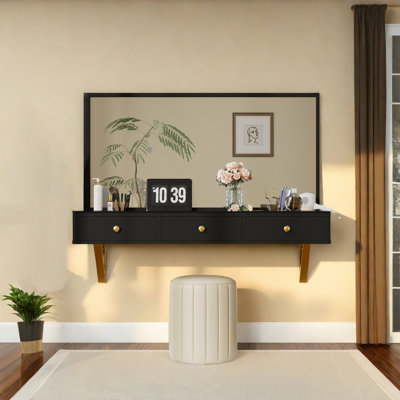 47'' Black Floating Vanity Table With Glass Top & Drawer - Ideal For Bedroom, Bathroom, Or Salon Use