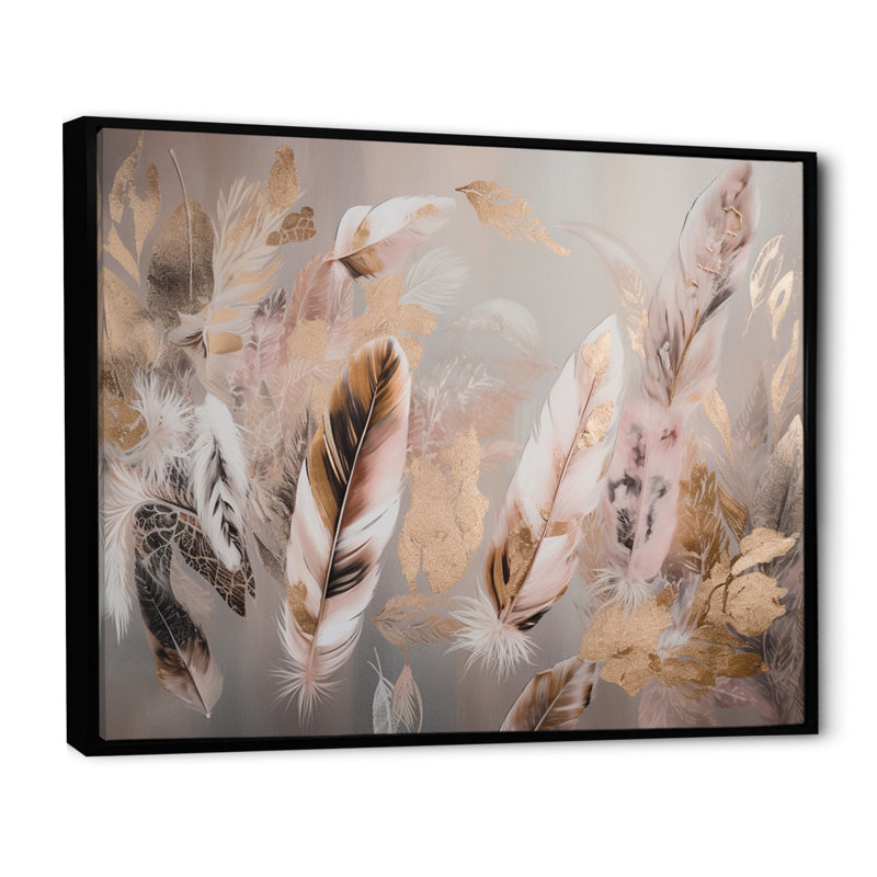 «Rosska Gold Glamour Feathers Of Boho Fantasy I», reproduction sur toile, H 24 po x l 32 po x P 1 po, Cadre flottant noir