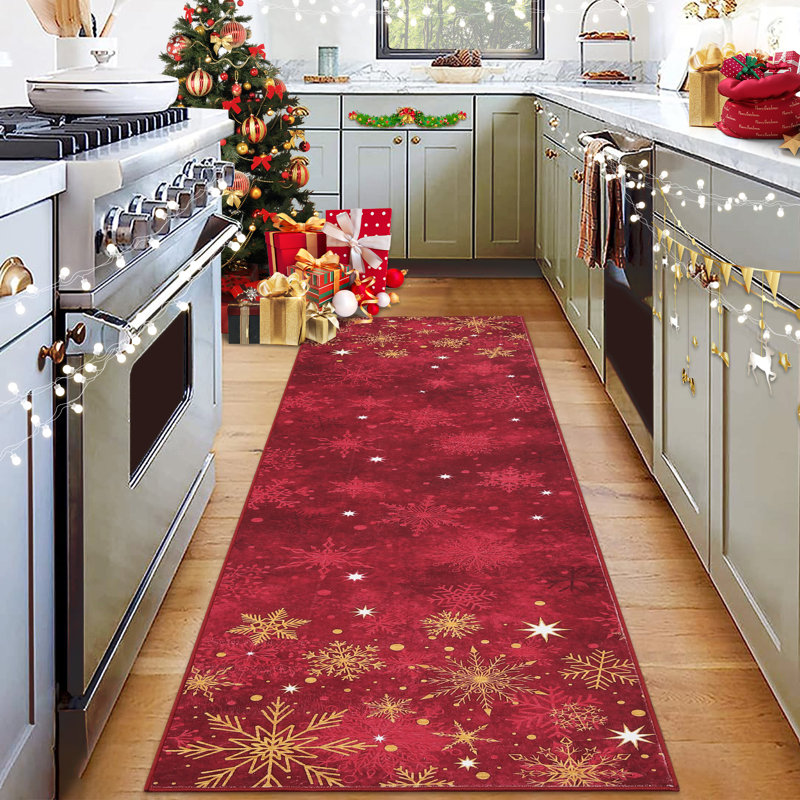 Christmas Runner Rug – Washable, Non-Slip Snowflake Area Carpet, Low Pile for Hallway, Kitchen, Bedroom, Bathroom – Holiday Red Rug, 2x6ft (61x183cm), USA Spec