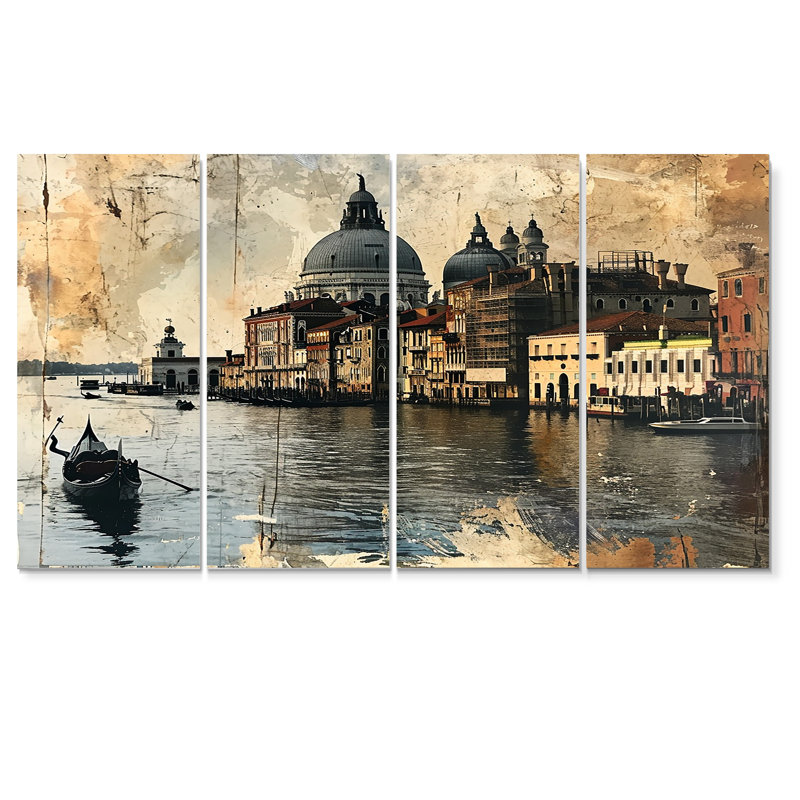 Vintage Venice Journal Gondola On Grand Canal - Venice Wall Art Set 4 Piece, 28" H x 48" W