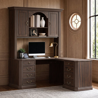 Bureau de coin en L de 210 cm de haut avec tablette, 8 tiroirs et placards, brun