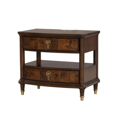Dark Cherry Finish Nightstand With Power Outlet, Round Key Knobs, Gold Capped Legs, And Ball Bearing Glide | Gift Idea