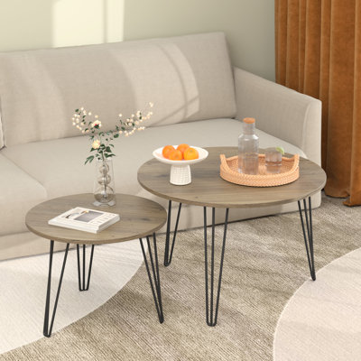 Table basse ronde de 71 cm (27,98 po) pour chambre, piètement en métal, plateau en bois, design marron. Élégante et raffinée. Convient au salon, à la chambre ou au balcon.