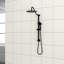 Système de douche 10 pouces noir mat. Barre de douche à 5 fonctions et barre coulissante de 26,3 po. Installation murale. Réglages: pluie, massage, bulles. Comprend la tête, la douchette, le tuyau, la tige. Buse facile à nettoyer. Sans valve