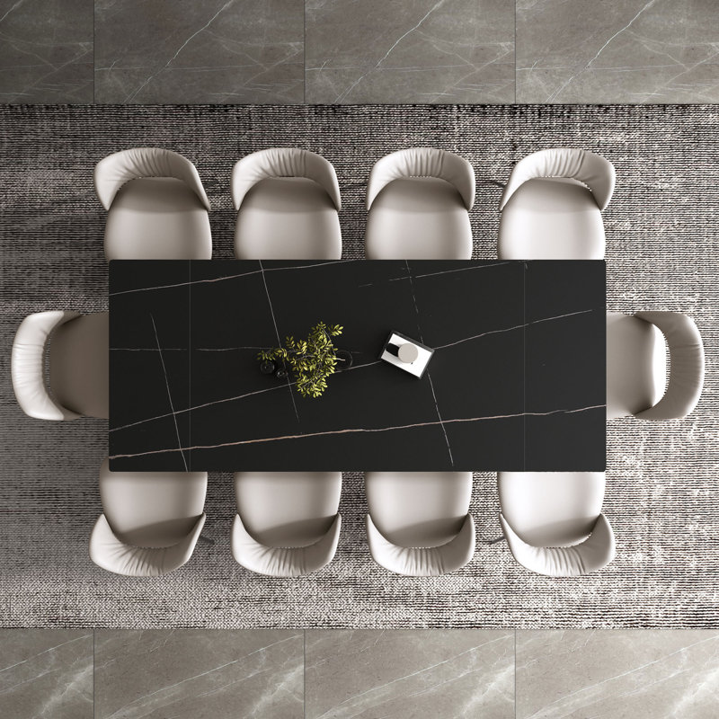 Ensemble de salle à manger 7 pièces à rallonge moderne, table en marbre noir 94,5 po avec 6 chaises rembourrées grises et pieds fuselés